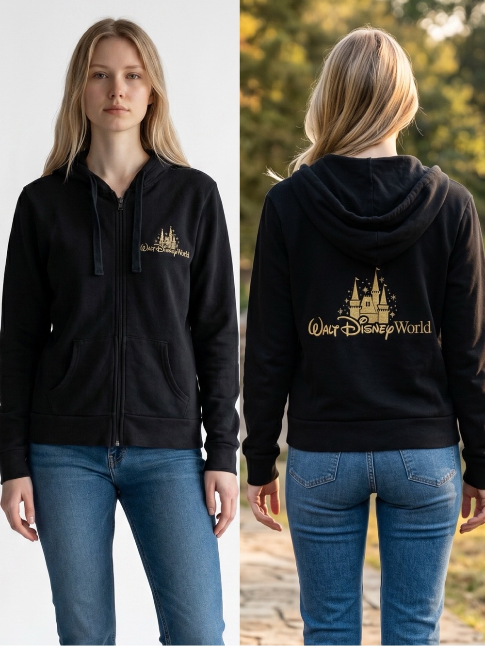 DISNEY Parks Walt Disney World Gold Castle Full Zip Hoodie Black Medium